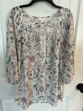 LC Lauren Conrad Floral Printed Peasant Blouse in Cream, Lavender & Teal